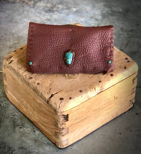 Leather Wallet Handstitched with Turquoise 